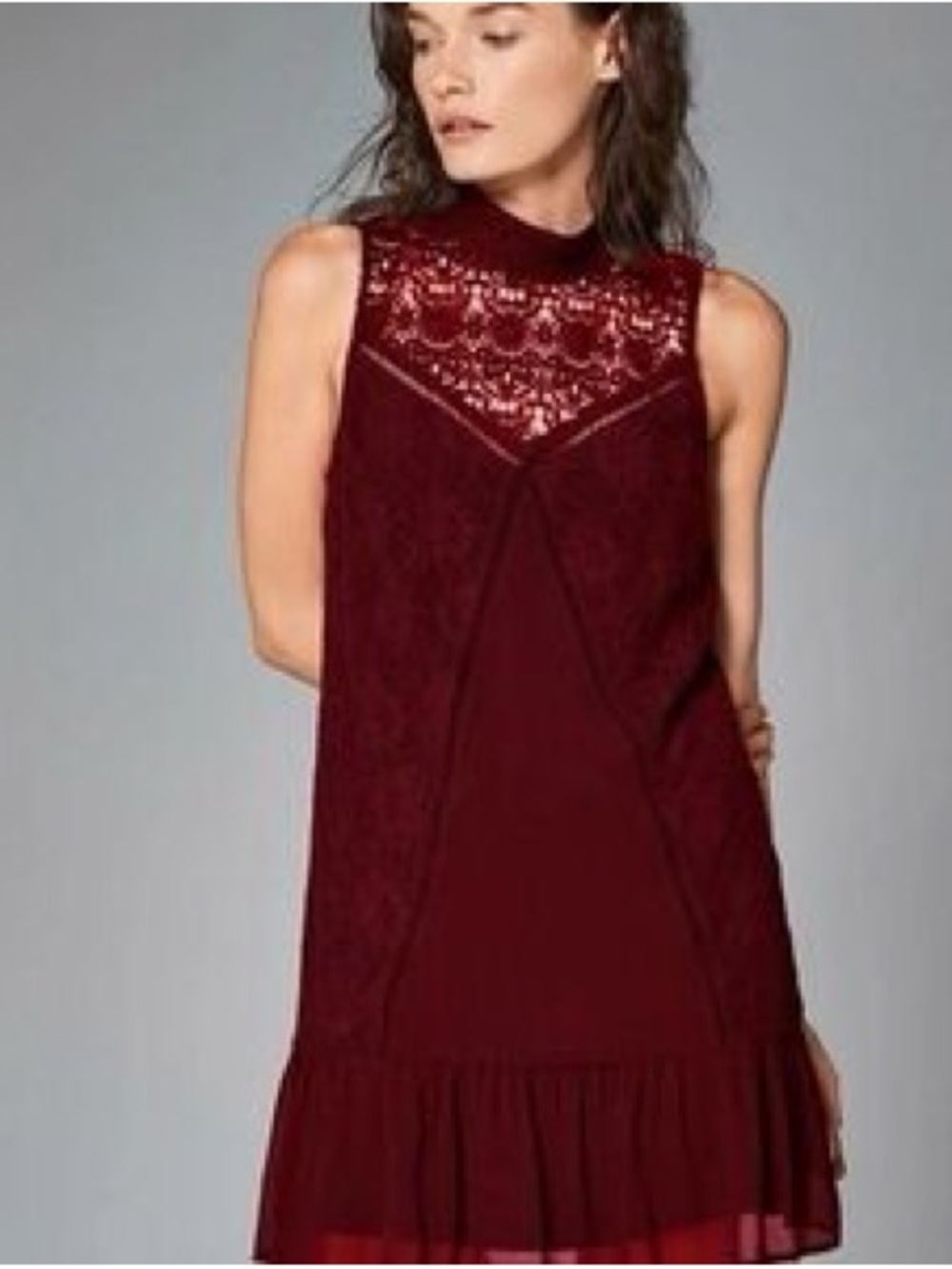 Abercrombie & Fitch Sleeveless Lace Yoke Midi Dress in Burgundy